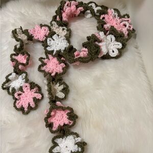Floral Crochet Scarf in Pink, White, Cream and Green